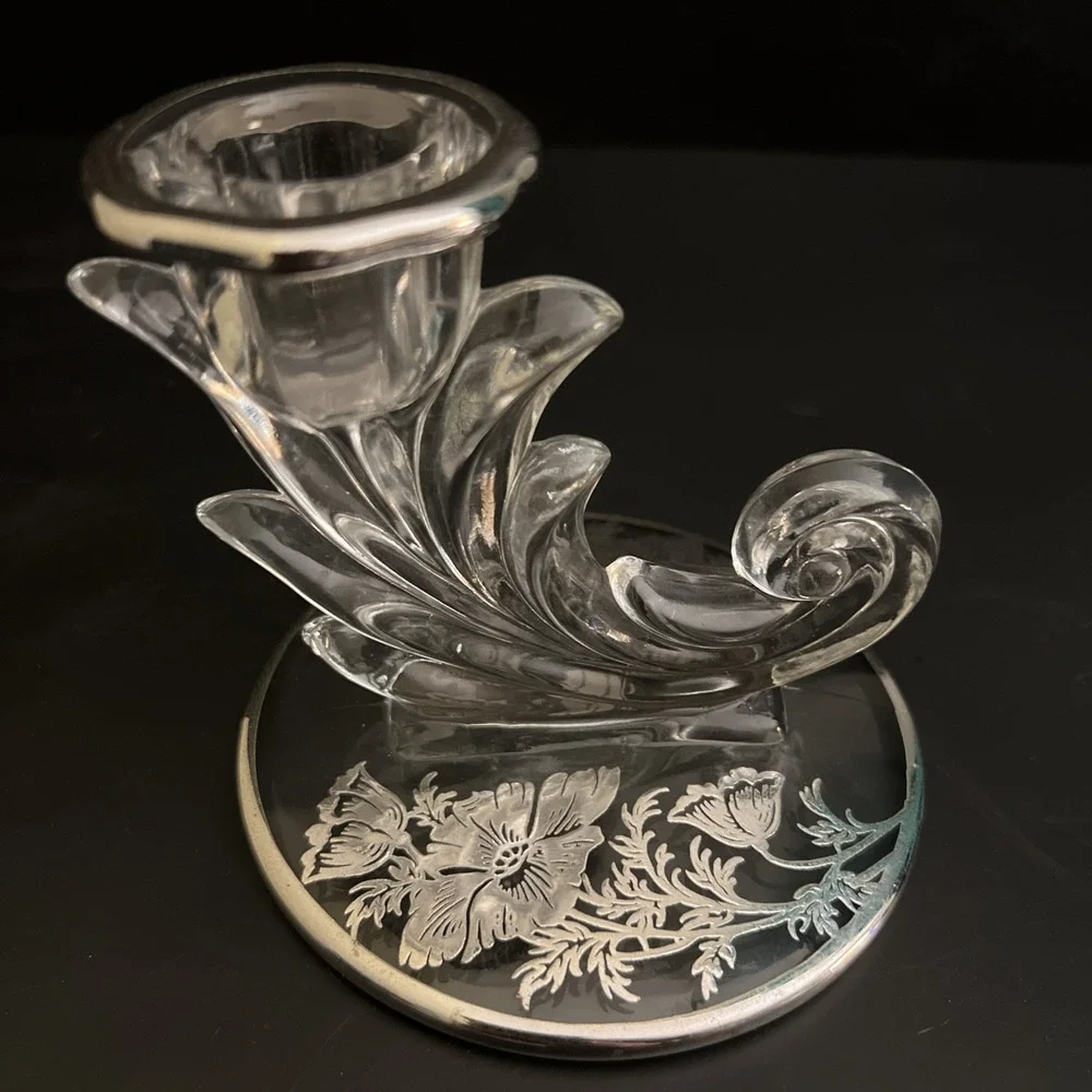 Vintage Fostoria‎ Baroque Crystal Candle Holder Flanders Poppy Silver Overlay